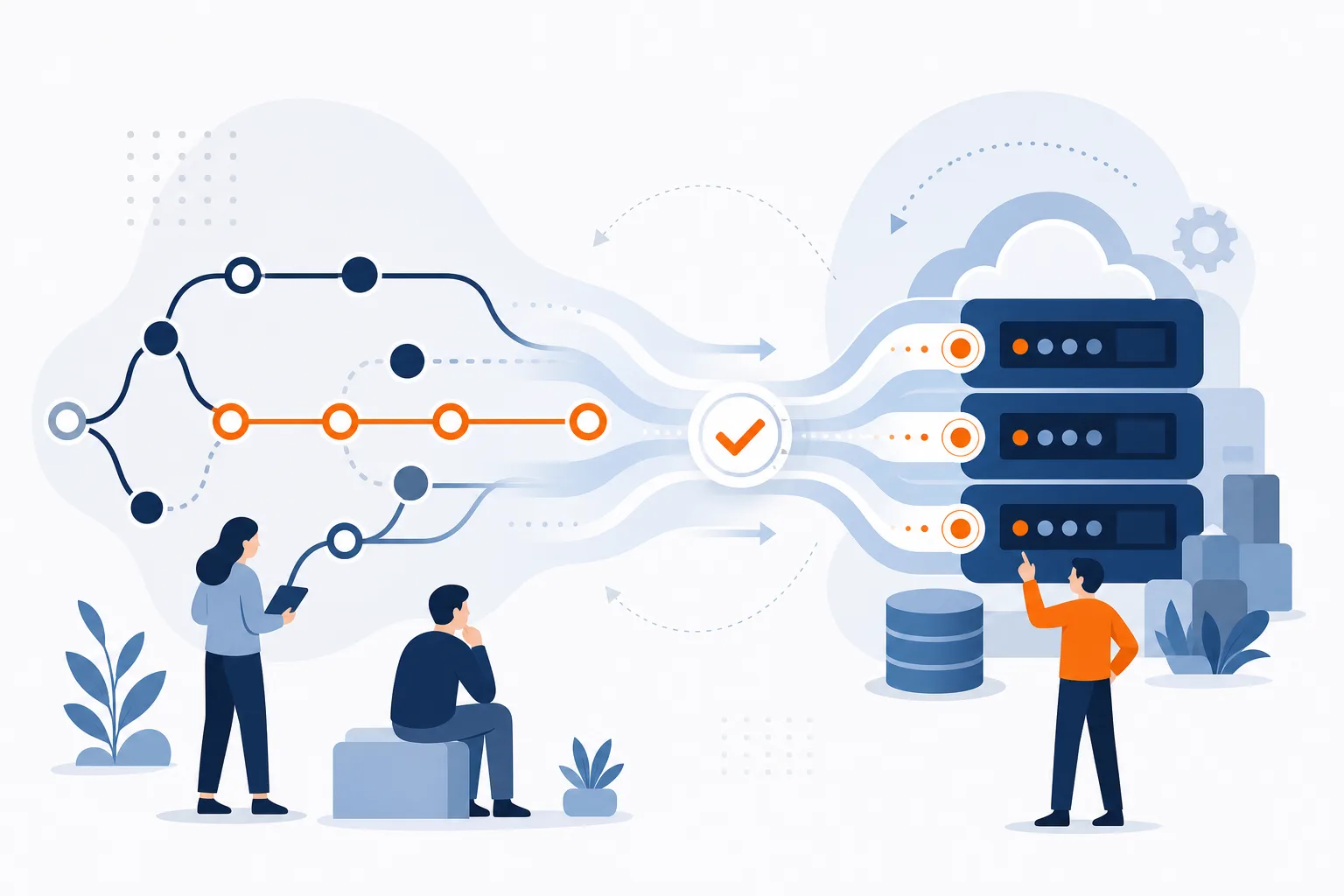 GitリポジトリからKubernetesクラスタへ宣言的な差分が流れ、監視ループで状態を戻す仕組みを示す抽象的なフラットイラスト