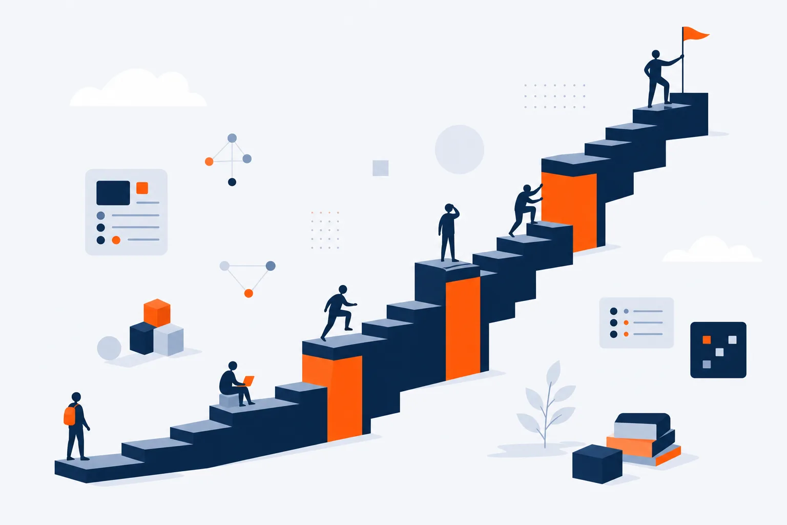 Java学習の5つのつまずき段階を階段で表した抽象的なフラットイラスト。人物の顔・実在ロゴ・文字は描かない